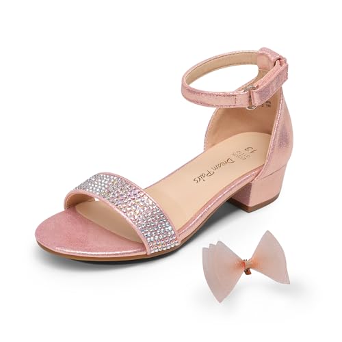 Dream Pairs Girls Sandals Low Heel Dress Pump Ankle Strap Interchangeable Bow Flower Wedding Party Shoes Sdsd2320K Rose Gold Size 1 Little Kid cover