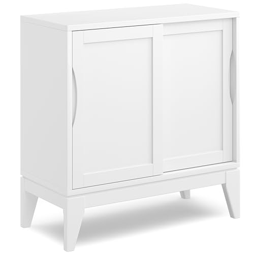 SIMPLIHOME Harper Storage Cabinet - 30 inch Wide Solid Hardwood 2-Shelf Low Console Cabinet in White, Mid-Century Modern Cupboard for Living Room with Sliding Doors and Adjustable Shelves