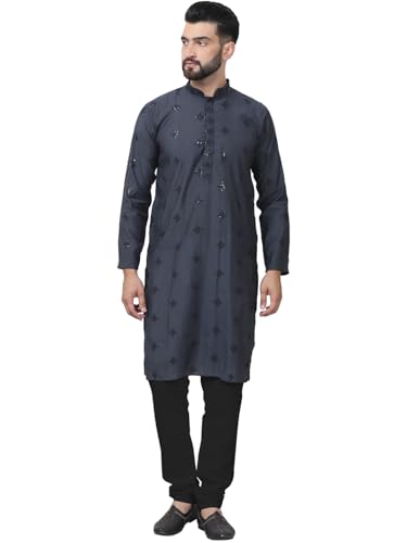 Image of SOJANYA (Since 1958 Men's Cotton Silk Sequinned Neck Embroidered Kurta with Black Pyjama