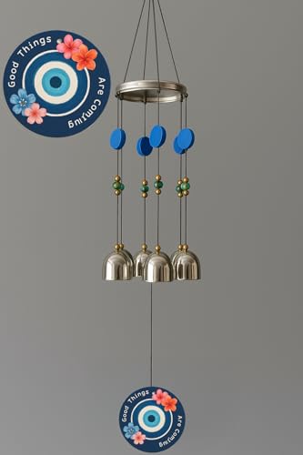 Image of Paradigm Pictures inchGood Things are Coming Evil Eye Wind Chime | Positive Energy Home Decor Hanging | 7 Metal Bells for Balcony, Garden & Diwali Gift inch