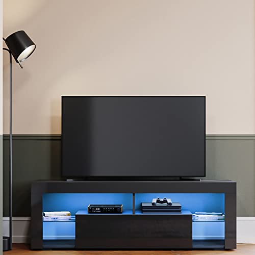 SIRHONA LED Meuble TV Noir avec 2 Compartiments et 1 Portes Bois avec Rangement,Meuble Télé en Verre avec éclairage LED RVB 16 Couleurs,140 cm Cover