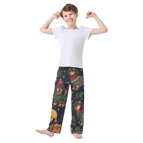 ZZXXB Christmas Dachshund Holly Leaves Boys Long Pants Soft Trousers Elastic Waist Kids Lounge Bottoms with Pockets S-XL3