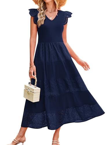 Damen V-Ausschnitt Fliegende Ärmel Freizeitkleid A-Linie Spitzen Casual Kleid Elegant Sommerkleid für Hochzeit Party Marineblau L