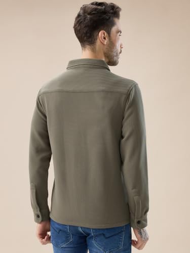 Image of Status Quo Men's Solid Textured Regular Fit Shacket with Zipper Clouser | 100% Polyester