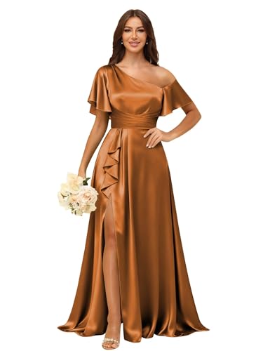 wayfor Women's Satin Bridesmaid Dresses with Pockets Short Sleeve Ruffle