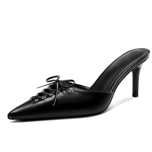 Image of Dsevht Black Kitten Heels for Women Pointed Closed Toe Dressy Bow Heel Vintage Heeled Mules Sexy Pointy Studded Slip on Stiletto Pump Shoes