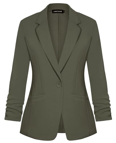 MINTLIMIT Womens Casual 3/4 Sleeve Blazers Jackets Button Front Lapel Collar Blazer Suit Cardigan for Work Office,Army Green,XL