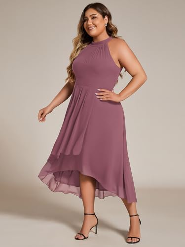 Image of Ever-Pretty Plus Women's Sleeveless Halter A Line Pleated High Low Plus Size Wedding Guest Cocktail Dresses 31926-DA