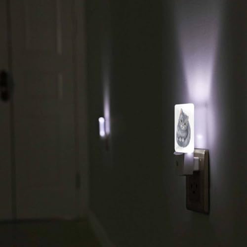 Image of LED Night Light,Creative Artistic Grey Cat LED Night Light Plug into Wall with Dusk to Dawn Light Sensor White Energy Efficient Nightlight for Bedroom Bathroom Hallway Living Room Kitchen