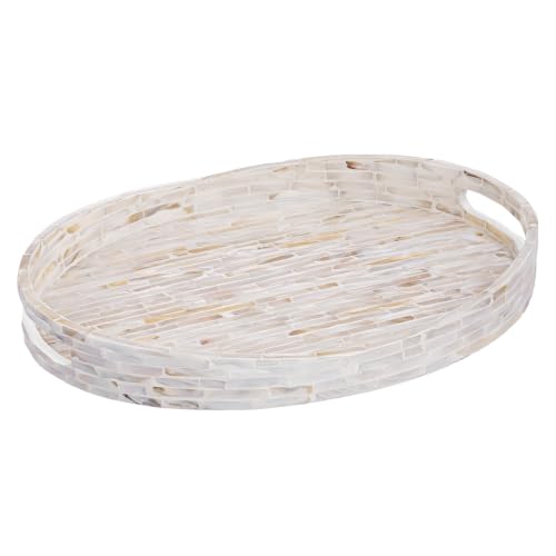 PEMAR 15.7"x11.8" Oval Mother of Pearl Serving Tray, Decorative Ottoman Tray for Living Room, Coffee Table, Breakfast in Bed, Candle Display (White Cream)
