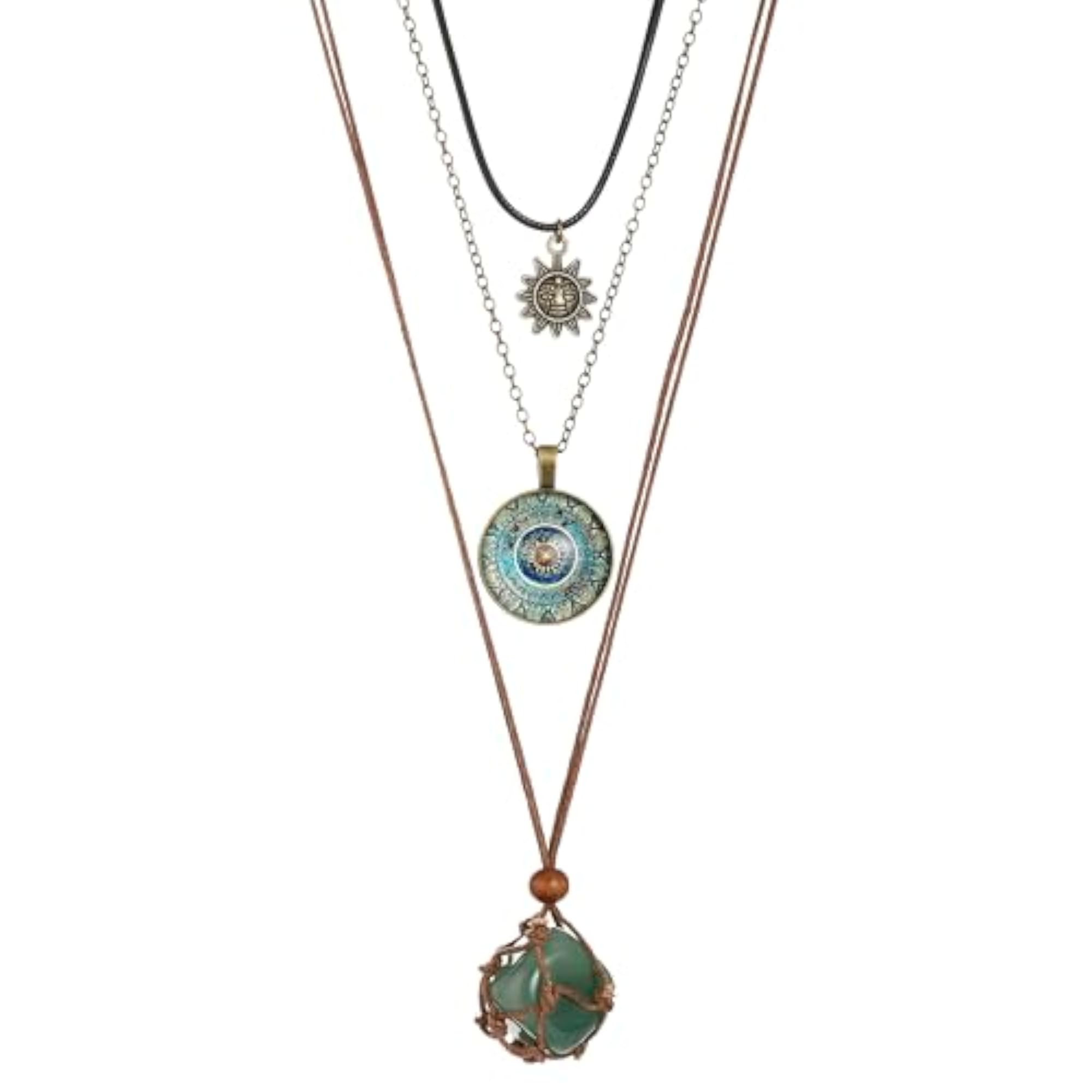 Women's Vintage Green Stone Boho Layered Necklace