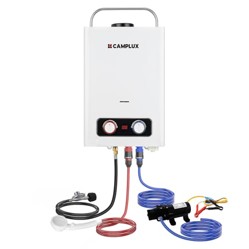 CAMPLUX 1.58 GPM Portable Tankless Water Heater with Water Pump Kit Propane Water Heater Outdoor with 1.2 GPM Pump 41 000 BTU BD158P43