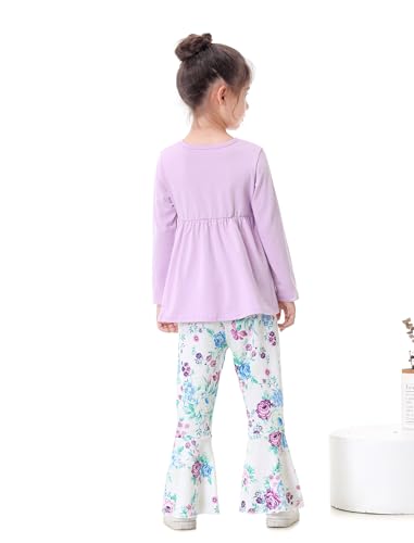 Woleroyir Girls Clothes Ruffle Long Sleeve Top and Floral Flared Pants Set 2 Piece Fall Winter Outfit, Purple, 2-3 Years — view 4