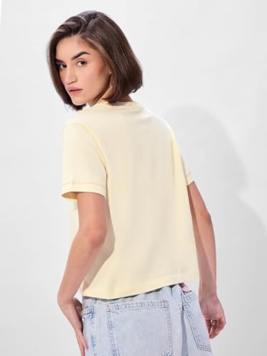 Image of The Souled Store Priori-Tea Women and Girls Short Sleeves Round Neck Yellow Embroidered Cotton Relaxed Fit T-Shirts