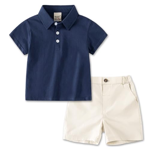 Volunboy Bebé Niño Verano Conjunto, Manga Corta Polo Shirt + Pantalones Cortos Traje Casual Ropa 2 Piezas(Sólido Navy,2 3 años,Tamaño 100)