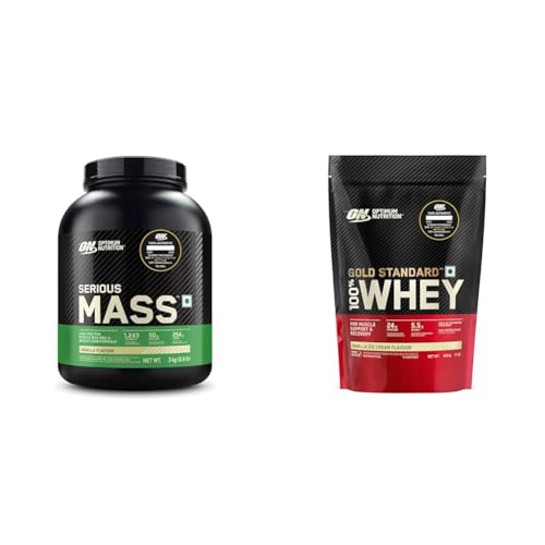 Image of Optimum Nutrition (ON) Serious Mass High Protein High Calorie Weight Gainer Powder - 3 kg (Vanilla | Optimum Nutrition (ON) Gold Standard 100% Whey Protein Powder (Vanilla Ice Cream)1 lbs, 454 g, for