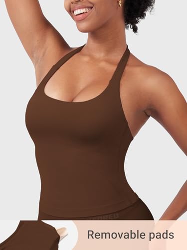 Image of YEOREO SoftHue Women's Impact Halter Tank Top Longline Backless Scoop Neck Built-in Bra Sports Workout Gym Crop Top