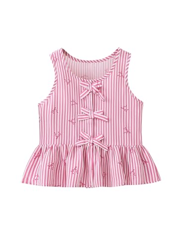 Ecolala Girls Bowknot Tank Tops Sleeveless Striped Shirts Cotton Peplum Babydoll Top Pink Stripe Bow 7-8 Years