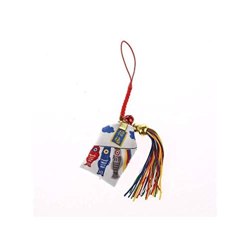 Lachineuse Japanese Lucky Charm Omamori 'Keep Wealth' Talisman Fabric White & Blue Dominant Fish Symbol Wealth New Year Gift/Giving Celebratory