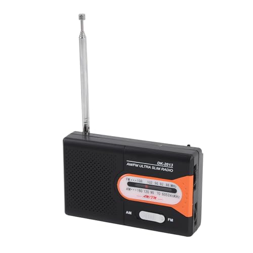 Vikye Portable AM/FM Radio, Small Portable Radio: Built - in Speaker, Telescopic Antenna, Earphone Jack, Music Player, Compact with Batteries (DK - 2013) (Black Orange)
