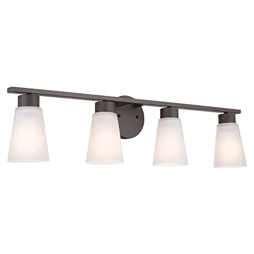 Image of Kichler Stamos 4-Light Bathroom Vanity Light with Satch Etched Glass Shades, 26 inch Modern Wall Light in Olde Bronze, (26 inch x 8 inch x 5 inch)