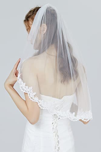 Beautelicate Wedding Bridal Veil With Comb 1 Tier Lace Applique Edge Fingertip Length 36" (Elbow Length 28", Ivory) #TOP2
