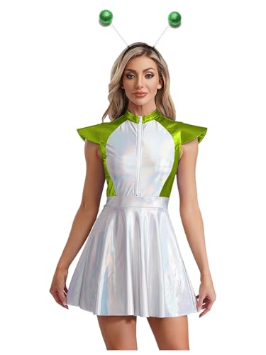 Freebily Disfraz De Alienígena Espacial Para Mujer Vestido Corto De Línea A Con Diademas De Alien Ropa De Fiesta Temática Verde XL