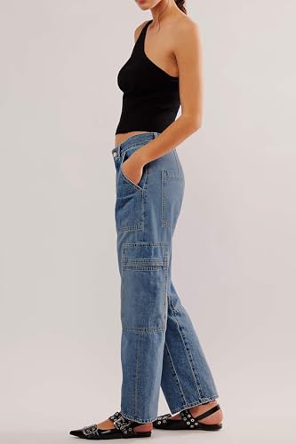 PLNOTME Womens Cargo Barrel Jeans High Waisted Boyfriend Baggy Denim Pants with 6 Pockets4