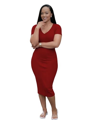 Image of TOPSRANI Women Sexy Midi Dress Bodycon Casual Sleeveless Basic Ruched Tank Summer Club Party Dresses
