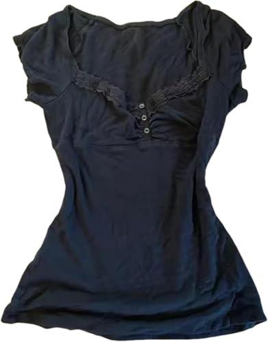 Coquette Rüschen-Top, Damen, niedlich, Sommer, Spitze, Schößchen, Babydoll-Top, Teenager, Mädchen, Y2K, Grunge 2000er Jahre, Cottagecore-Kleidung, Schwarz , S