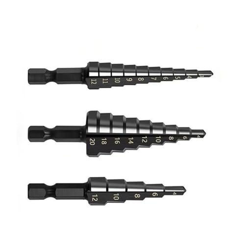 Iruihoo HSS Stufenbohrer, 3-tlg Stufenbohrer Set, Schälbohrersatz, Exact Spiralnut Kegelbohrer, 4 mm bis 12/20/32mm Titanbeschichtet Profi Metallbohrer Bohrer Satz für Metall, Holz, Kunststoff-Black