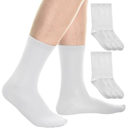 6 Pair White Classic Men's Dress Socks Soft Cotton Casual Crew Mid Calf 10-13 Solid Classic Soft Comfort Trouser Work Travel Stylish Cuff Design Lightweight Breathable3