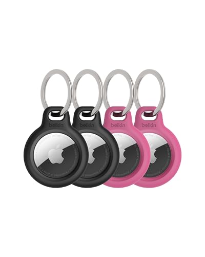 Image of Belkin Apple AirTag Secure Holder with Key Ring - Scratch-Resistant Case with Open Face & Raised Edges - Protective AirTag Keychain Accessory for Keys, Pets, Luggage, & More - Black /Pink (4-Pack)