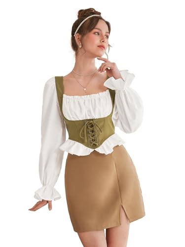 Image of ICW Women French Style Retro Vintage Lace-Up Layered Fake Two-Piece Puff Sleeve Ruffled Crop Blouse Corset Top Dn88