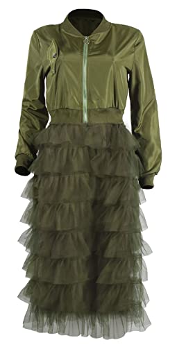 CHARTOU Women Zip Up Long Bomber Jacket Tiered Mesh Tulle Dress Sheer Jacket Trench Coat3