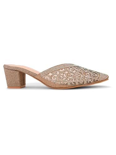 Image of XE Looks Women's Rhinestone Embellished Pointed Toe Mule Heels | Soft Cushioned Insole | Comfortable Stylish Slip-On Block Heel Sandals for Girls & Women