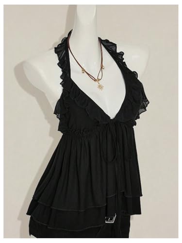 Women's Mesh Ruffle Layered Halter Tops Backless Tie Front V Neck Tank Top Going Out Sleeveless Top3