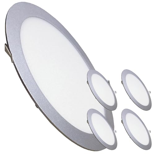 LED ATOMANT Packung mit 5 Rundes LED-Panel 24W flach, Ausschnitt 280mm, Silberrahmen, Warmweiß (3000K), 2200 Lumen, Treiber inklusive