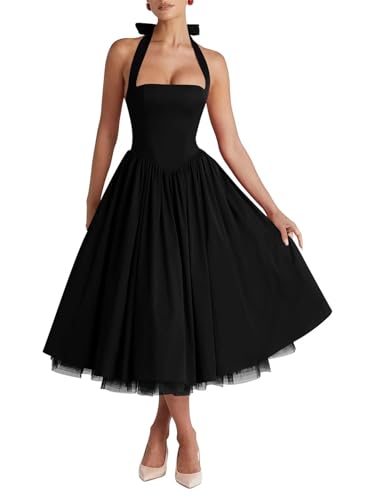 Halter Satin Prom Dresses for Women Tea Length Pleated Puffy Formal Evening Party Gown