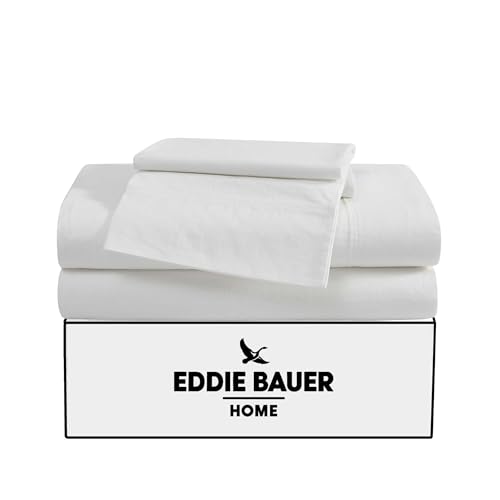 Eddie Bauer Queen Sheet Set, Washed Percale Bedding Set with Deep Pockets, Super Soft, 100% Luxury Cotton with Smooth Percale Weave (Off-White, Queen)