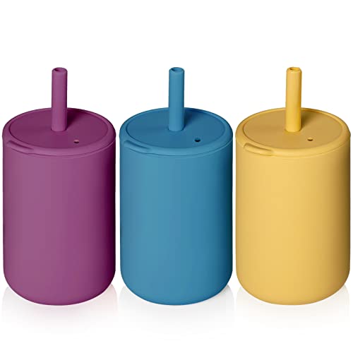 Image of Honeydak 3 Pieces Mini Silicone Cups with Straw and Lid Cup Training Sippy Silicone Straw Cup Spill Proof Toddler Cups with Straw for Baby 6+ Months (Yellow, Blue, Purple, Plain Style)