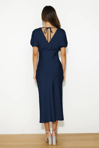Image of Summer Satin V Neck Puffy Sleeves Empire Waist Midi Dresser Silk Sexy Tie Back Formal Cocktail Dresser for Women Wedding