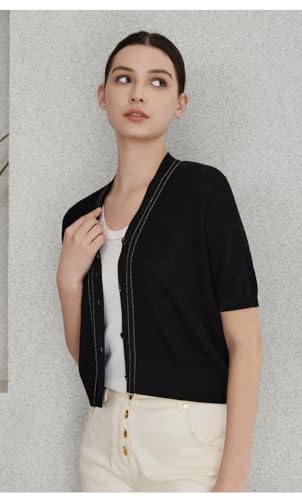 Short Sleeve V-Neck Cardigan, Button Front, 23BC-245 (US, Alpha, Medium, Regular, Regular, Black)4