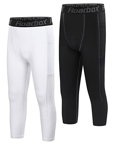 Roadbox 3/4 Boys' Compression Pants - Youth Kids Running Leggings Sports Tights for Football Basketball Baseball