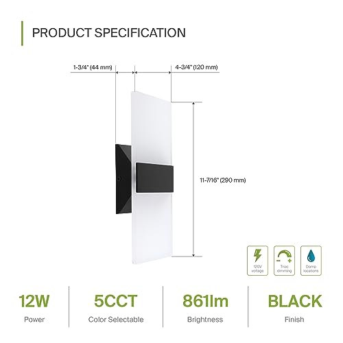 ASD 12 Inch LED Indoor Wall Sconce - Modern Interior 12W 2700K-5000K Adjustable Dimmable Wall Mounted Light Fixtures, Acrylic Glass Wall Lights for Stairway, Hallway - UL, Matte Black - Thumbnail 2