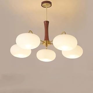Mid Century Modern Milk Glass Chandelier - Rustic Wood Semi Flush Mount Pendant Light, Large Sputnik Design for Dining Room, Living Room & Bedroom (5-Light Ceiling Fixture)