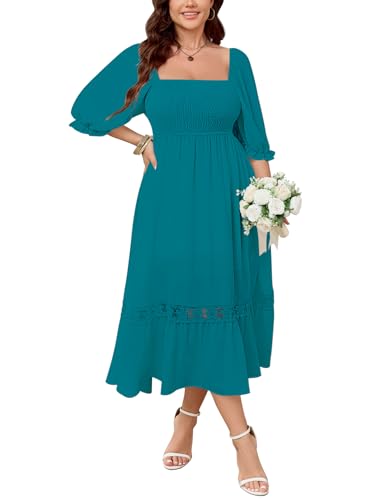 SCOMCHIC Women's Plus Size Boho Maxi Dress Short Sleeve Square Neck Smocked Flowy A-Line Lace Trim Wedding Guest Dresses Teal