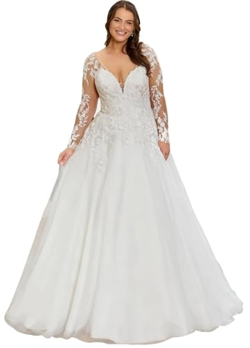 Women's Lace Plus Size Wedding Dresses for Bride Long Sleeve Tulle Bridal Gown for Bride with Train V Neck A Line Wedding Dress J-Ivory
