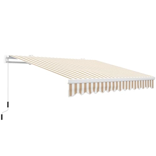 Outsunny 13' x 8' Retractable Awning, Patio Awnings, Sunshade Shelter w/Manual Crank Handle, UV & Water-Resistant Fabric and Aluminum Frame for Deck, Balcony, Yard, Beige Stripes