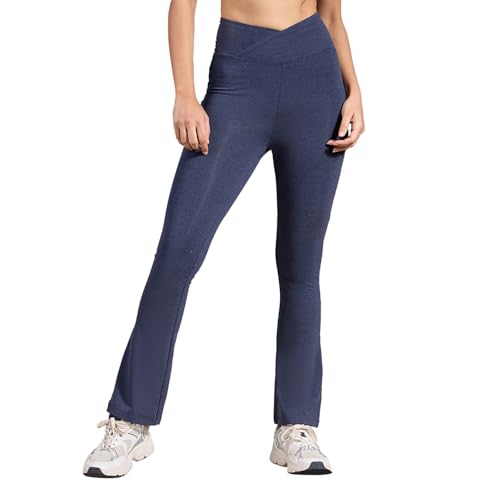 Image of Kica Criss Cross Cotton Flare Comfort Pants with Back Pocket and Ankle Slit Navy Blue